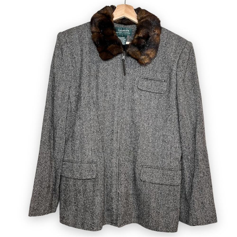 Ralph Lauren Wool Silk Blend Tweed Jacket With Faux Fur Collar Women's Size 10